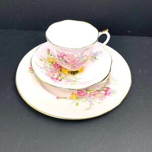 Vintage Imperial Bone China Tea Trio Set Cup, Saucer &Plate Pink Floral, England